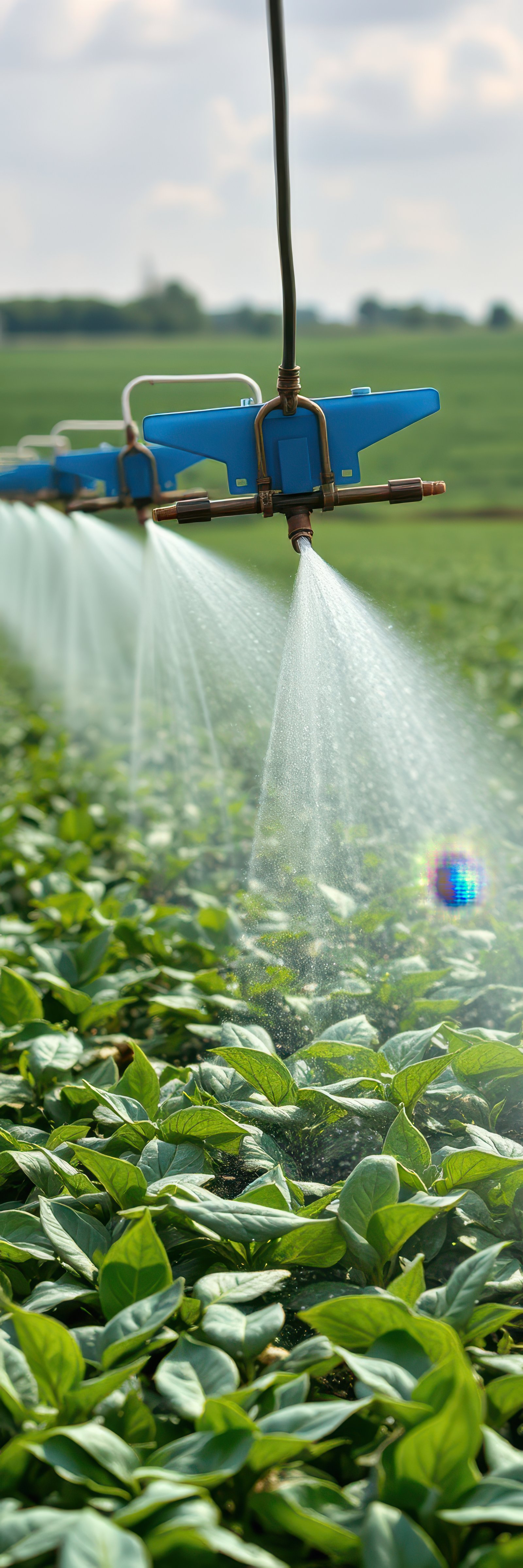 An overhead irrigation system waters a field of green leafy plants on a sunny day